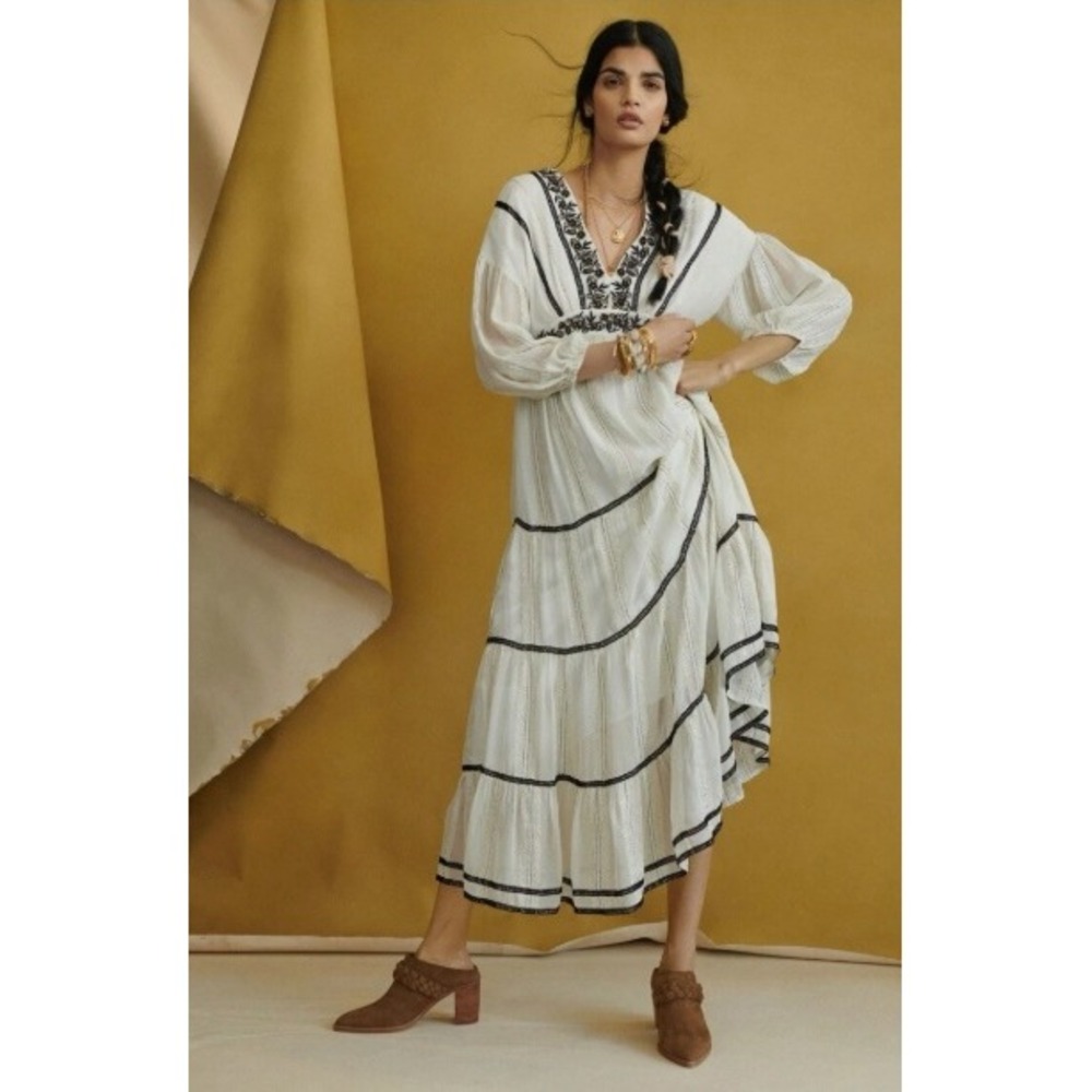 Verb‎ by Pallavi Singhee Maxi Dress Women's XS Ivory Embroidered Metallic Boho